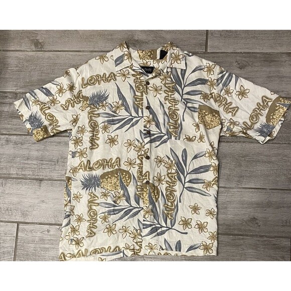 Ocean Pacific Hawaiian Shirt Mens Sz Small Earth Tones Aloha Pineapples EUC - Picture 1 of 4